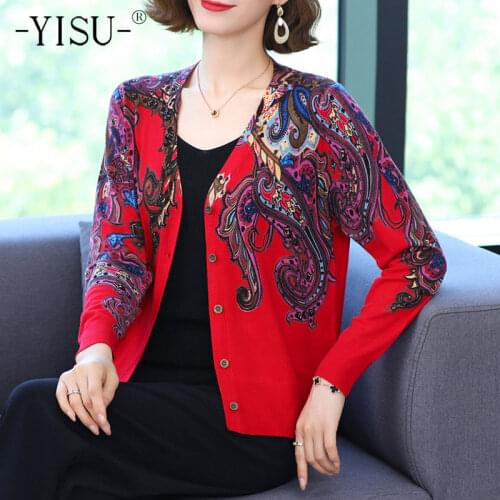 YISU Women clothing Cardigans Sweater V-Neck Fashion printing Knitted Coat Cardigan Single Breasted Casual Knit Jacket Sweater