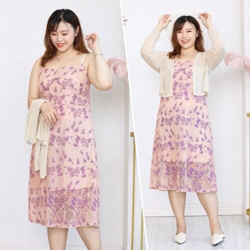 Dress Sets Women 4XL To 10XL Plus Size Floral Midi Spaghetti Strap Dress + Long Sleeve Cardigan Blouse Two Piece Sets T61025