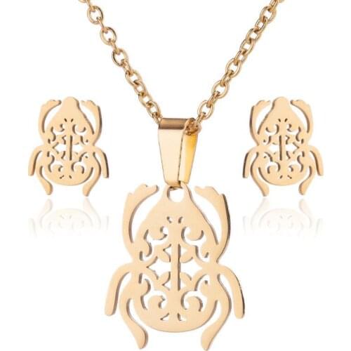 AsJerlya New Fashion Simple Stainless Steel Small Insect Beetle Necklace And Earrings For Women Jewelry Set Gifts Collars Chain