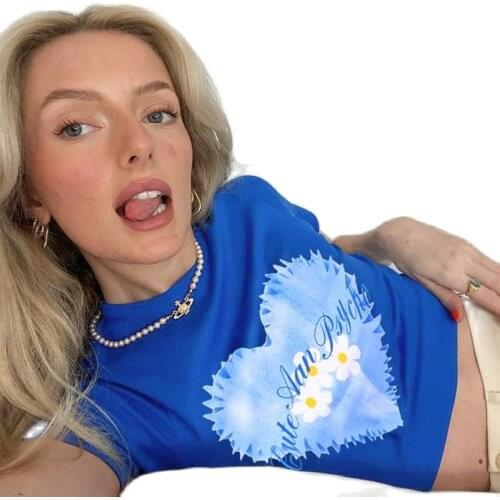 O Neck Heatr Print Crop Top Women Blue Short Sleeve 2021 Summer Basic T Shirts Y2K Casual Fashion Sexy Tee Cute Vintage 90S