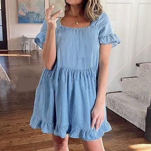 WomenS Dress Fashion Summer Hot Style Simple Casual Denim Ruffled Short-Sleeved Knee-Length Dres New платье летнее 50