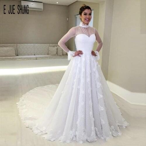 E JUE SHUNG Vintage Long Sleeves Arabic High Neck Wedding Dresses with Appliques Lace Up Back Bridal Gowns vestido de novia