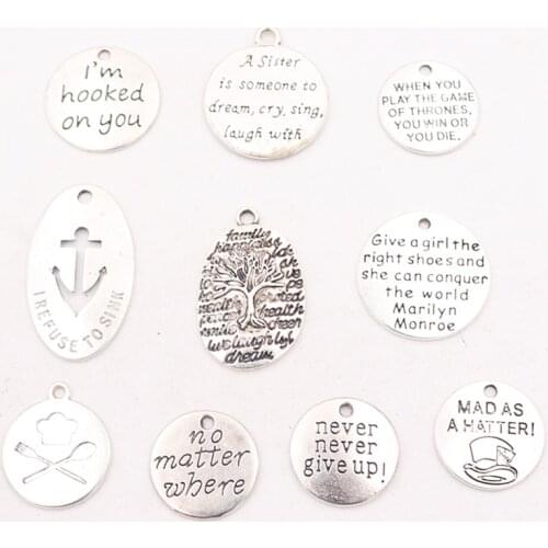 10pcs Retro Inspirational Quotes Series 2 Metal Tag Pendant DIY Charm Fashion Necklace Bracelet Jewelry Handicraft Accessories