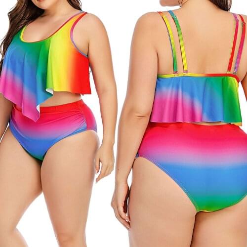 2 Pieces Swimwear Set Female Bodycon Gradient U-Neck Ruffled Vest+ High Waist Panties for Summer Swimwear Women 2021 Plavky