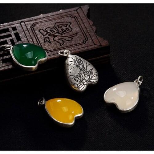 2018 Top Fashion Limited S990, Pure Silver, Antique, Green, Jade, Sand, Stone, Lotus, Pendant, Ladys Clavicle Chain Pendant