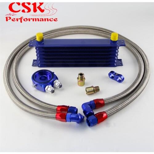 AN10 7Row 262mm Universal Engine Transmission Oil Cooler Trust Type + Aluminum Filter Hose End Kit Silver/Blue