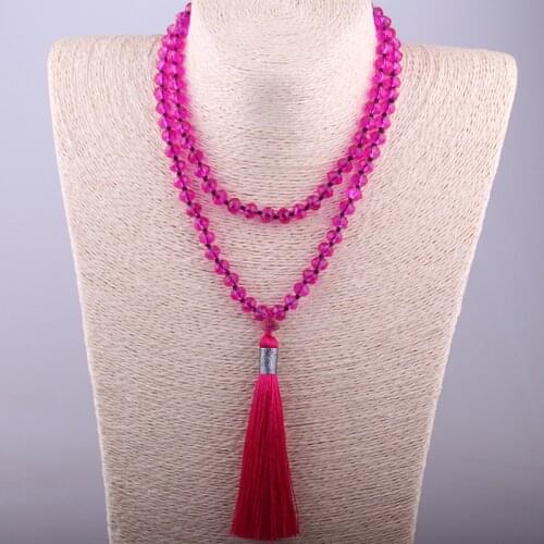 Free Shipping Bohemian Jewelry Fashion Knotted Fuchsia Glass Crystal Long Tassel Necklace