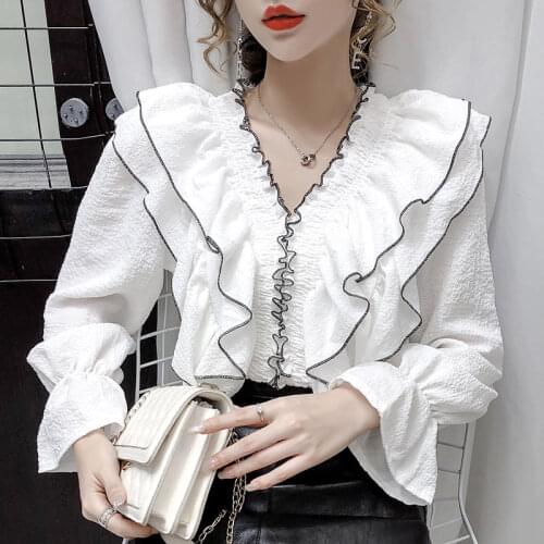 Blouse Women Ruffled V-neck Shirt Female 2020 Loose Long Sleeve Top Blusas Ropa De Mujer