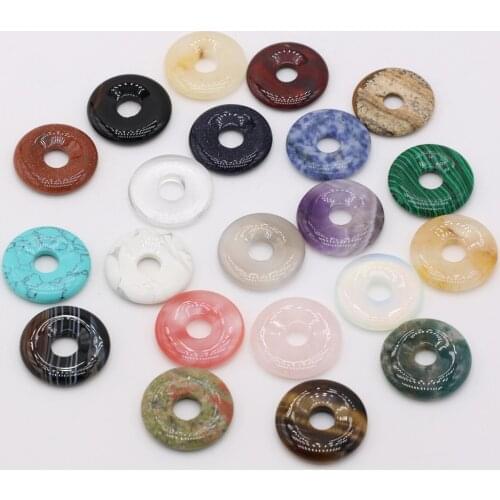 Natural Stone Rose Quartz Amethyst Agate Malachite Donut Charms Semi-Porous Beads for Jewelry Making Necklace Pendant 25x25mm