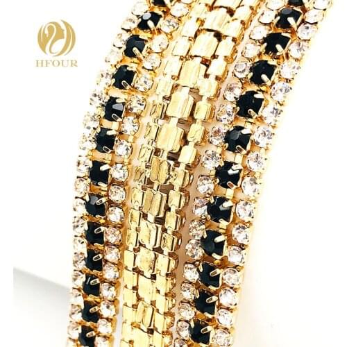 1yard/bag superior quality Crystal glass White-Black-White Gold bottom three rows Rhinestone Chain DIY Garment accessories