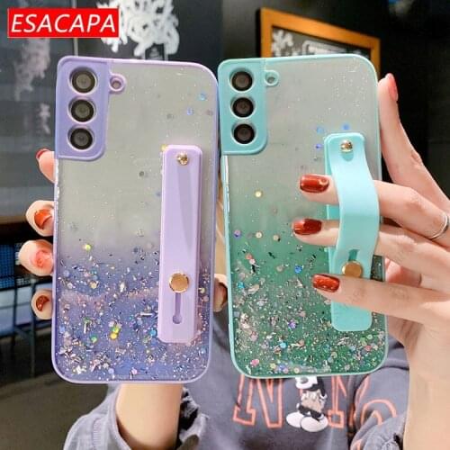 Wrist Strap Stand Cover Case for Samsung S21 Ultra S20 FE A72 A52 A32 A51 A71 A21S A12 Clear Glitter Lens Protection Phone Cases