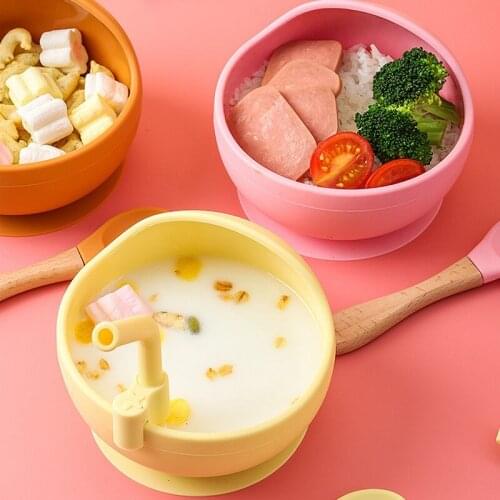 Baby Suction Cup Bowl Silicone Eco-Friendly Tableware Safe Plate Set Toddler Food Feeding Bowls with Spoon Straw Dinnerware