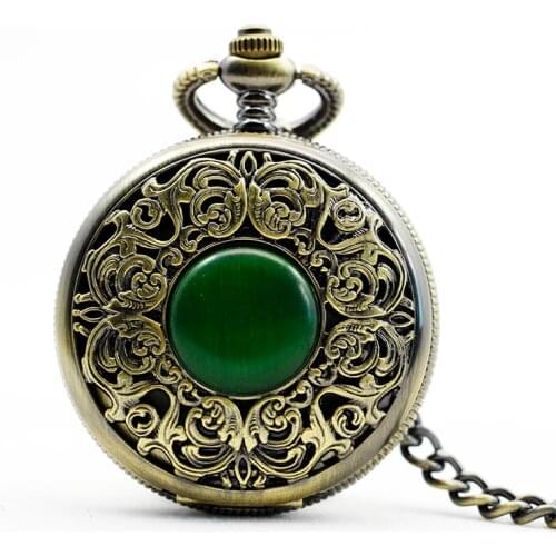 Vintag Skeleton SHand-winding Blue Elegant Jade Inlays Mechanical Pocket Watch With Chain