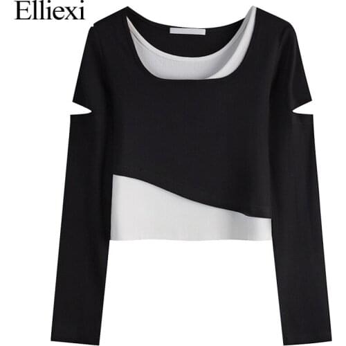 Elliexi Two Fake Womens t-shirts Long Sleeve Tops solid Patchwork Tshirt Harajuku Funny Loose Pullover Irregular Hole Tops