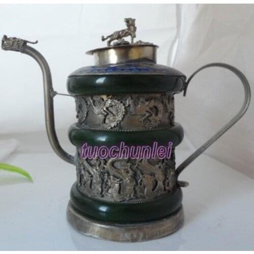 Collectibles Tibetan Silver Carved Dragon Green Jade s Teapot Tiger Lid Garden 100% real Tibetan Silver Brassroom