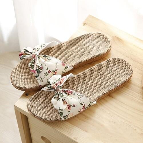 Flax Linen Slippers Women Bohemia Bowknot Flip Flops Beach Shoes Sandals Casual Woman Non-slip Flats Female Flip Flop Fashion