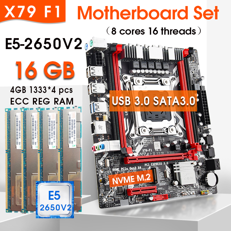 JINGSHA X79 motherboard LGA2011 E5 2650 V2 CPU 4pcs x 4GB = 16GB DDR3 1333Mhz 10600 ECC REG Memory Set M-ATX combos M.2 SSD