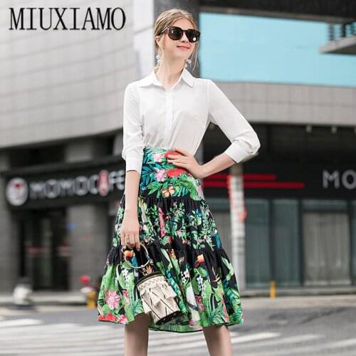 MIUXIMAO 2020 Office Lady Spring Twinset Elegant Solid Women Bloose Flower Print Dress 2 piece set Women Vestidos