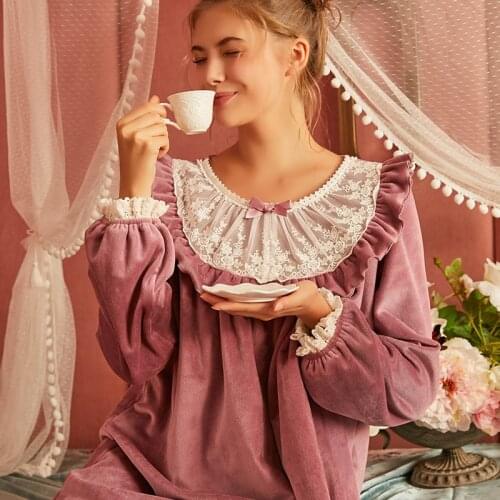 Nightgown Women Velvet Winter Vintage Nightgowns Princess Women Sleepwear Coral Fleece