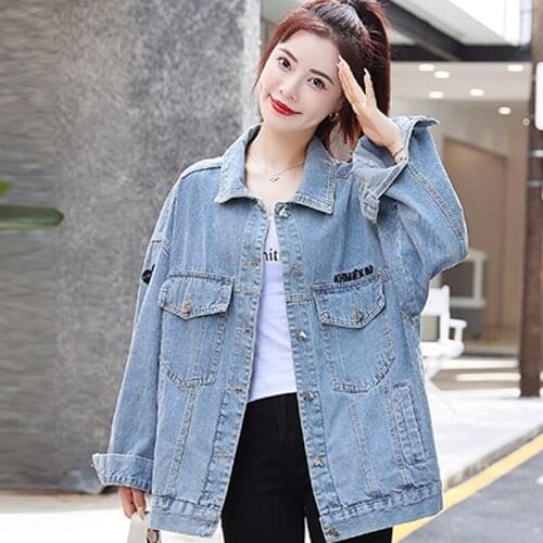 Autumn Embroidery Denim Jacket Women Loose Casual Cargo Jeans Jacket Solid Blue Coats Korean Fashion Student Outwear New 2021