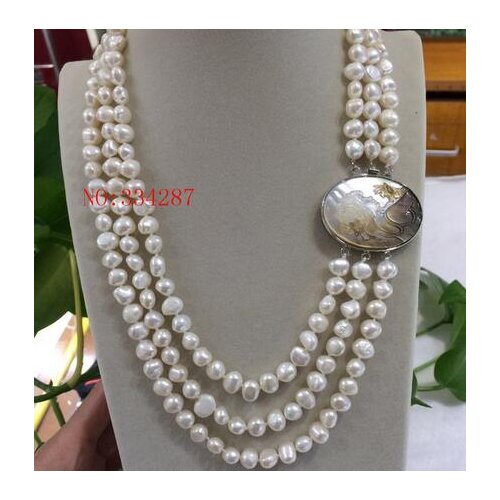 New Elegant ladys big 3row 8-9mm baroque white freshwater pearl necklace 18-19-20"