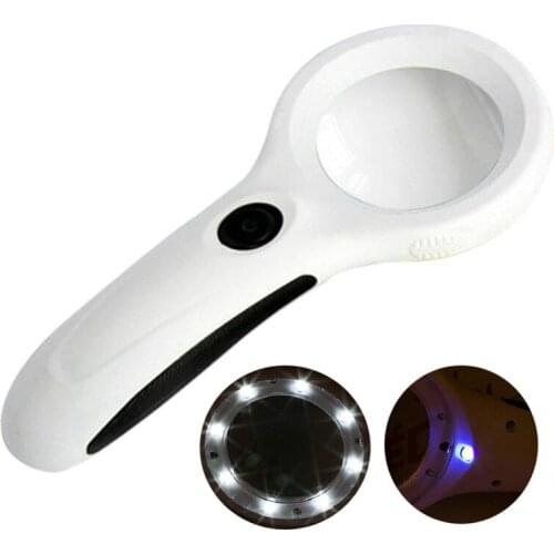 Hand-held with 8 LED lights, black and white, with counterfeit light, non-slip high-definition reading magnifying glass
