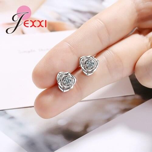 New Fashion Shiny Crystal Rose Stud Earrings 925 Sterling Silver Cubic Zirconia Jewelry For Woman & Girls