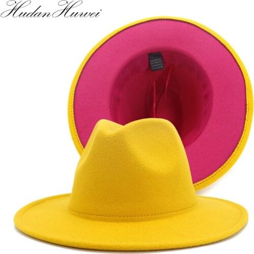New Yellow Rose Red Patchwork Autumn Winter Men Women Woolen Felt Fedoras Hat Wide Brim Flat Cap