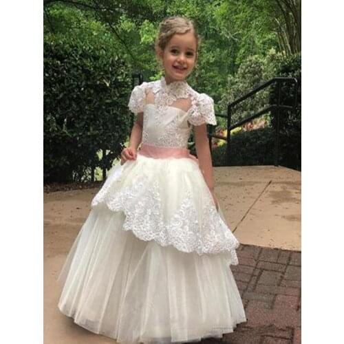 2020 Vintage Flower Girl Dresses A Line High Neck Girls Pageant Dresses With Lace Applique Overskirts For Wedding First Communio
