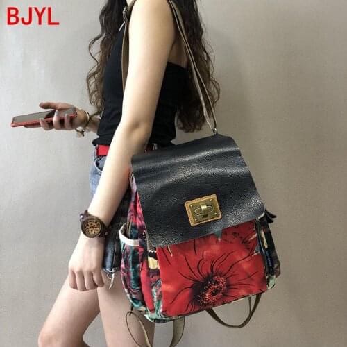 2020 New Vintage Leather Women Backpack Laptop Bag Travel Backpacks Canvas with Leather Shoulder Bag Female Printed Flowers Soft