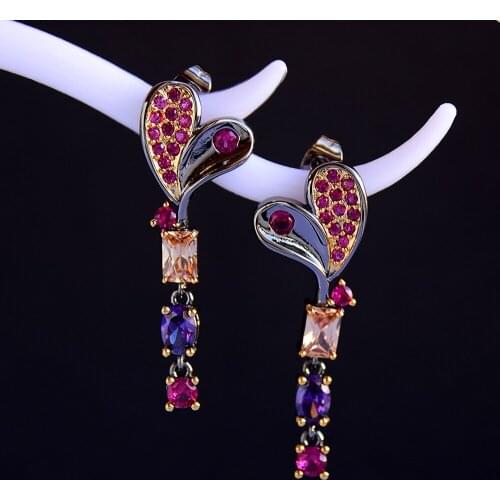 Purple Crystal CZ Dangle Earrings Heart design Jewellery Gun Black plated Jewelry Brass Drop earring for Women