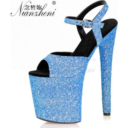 New style Bling Shallow Big Size Womens Sandals 20CM Super High heeled shoes 8 inches Thick platform heels Flash powder Fashion