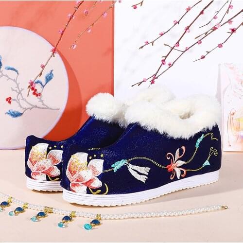 Womens Embroidery Ankle Boots Hanfu Fur Liner Warm Snow Winter Hidden Heel Chipao Shoes Chinese Styles Fashion 5Colors New 2020