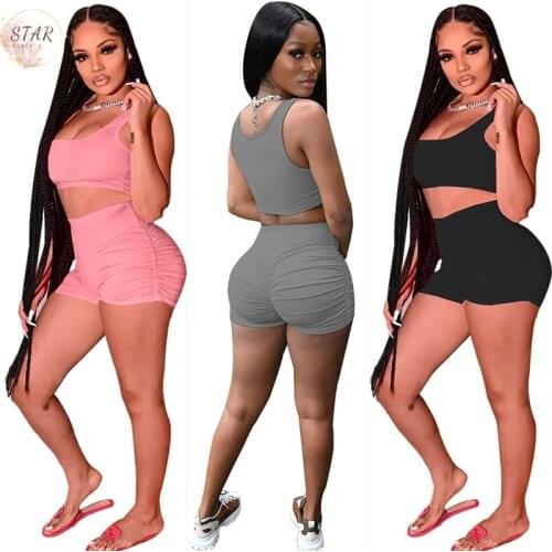 Two Piece Set Women Biker Shorts Sets Summer Solid Vest Top Elastic Waist Leggings Jogging Suit Tracksuit Wholesale Dropshpping