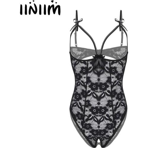 Iiniim Womens Flower Sheer Lace Hollow Out Sissy Teddies Open Cup Crotchless Bodysuit Spaghetti Strap Exotic Lingerie Sleepwear