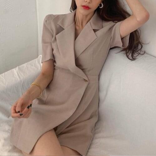 SHIJIA Notched Collar Dress Woman Apricot Short Sleeve Button Elegant Chic Female Summer Dress Street Slim Waist Vestidos 2021