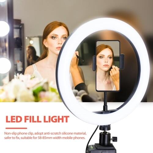 10'' Dimmable LED Selfie Round Light with Phone Clip Brightness Adjustable Lamp for Live Broadcast Selfie Photography Video