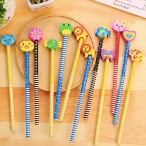 6pcs/ lot Creative Cartoon Animal Wood Pencil Cute Eraser Pencil Standard Child Student Learning Stationery School Supplies kid