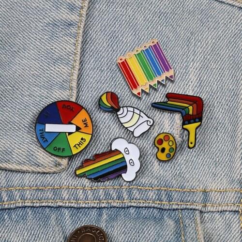 Cartoon Artist Painting Tools Brooch Palette Paint Tube Brush Rainbow Pencil Turntable Lapel Enamel Pin Badge Kids Metal Jewelry