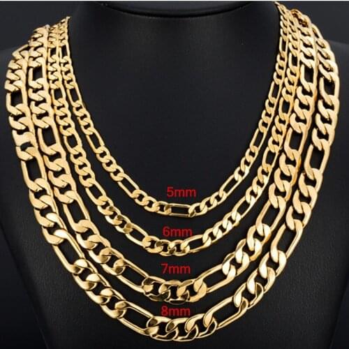 3/4/5/6/7/8MM Wide Gold Color Stainless Steel Necklace Trendy Long Figaro Chain Necklace 24 inches Chain