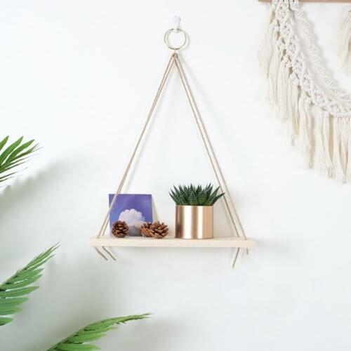 Handcrafted Wood Hanging Rope Wall Mounted Floating Shelves Rack Indoor Kitchen Decorative Ornaments