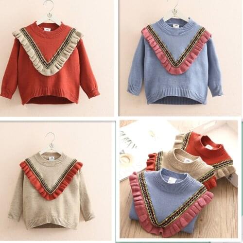 2021 Autumn Spring 2 3-10 12 Years ChildrenS Clothing O-Neck Knitted Pullover Cotton Ruffles Patchwork Kids Baby Girls Sweater