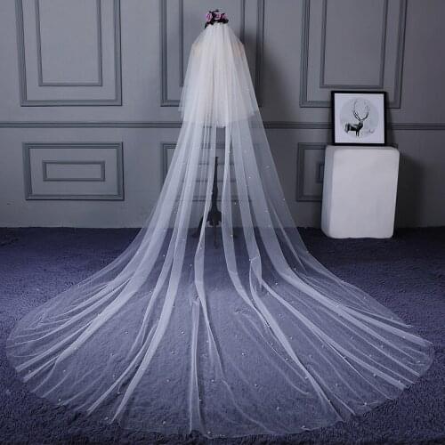 Jiayigong 2020 White/ Ivory Pearls Bridal Veils 3 meters Tulle Wedding Veil Cathedral Veil Wedding Accessories