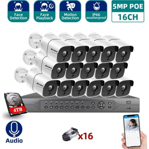 AHCVBIVN 4K Ultra HD POE CCTV Security NVR Kit 16CH H.265 With Audio In/outdoor Waterproof Video surveillance Camera kit