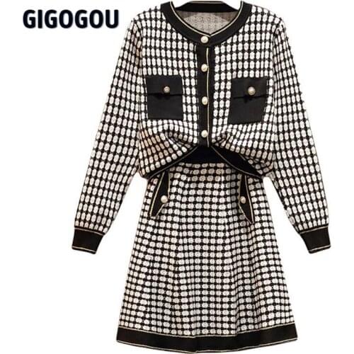 GIGOGOU Noble Style Two Piece Women Skirt Sets Outfits Women Spring Cardigans Tops And MiNi Skirt Suits Ladies 2 Piece Sets