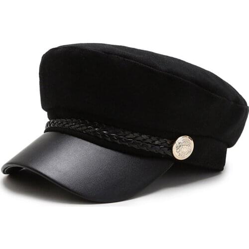 Fashion Black Hat Winter Cap Wool Hat Women Button Cap Casual Street Wear Rope Painter Hat Flat Cap Elegant Solid Autumn