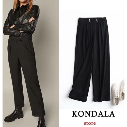 KONDALA Za Fashion Women Pants Loose Wide Leg Pants Chic Black Button Thick Winter Trousers Women Casual High Waist Pants