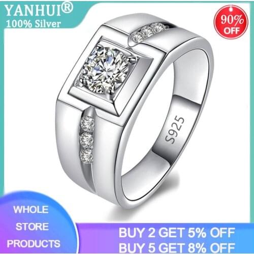 YANHUI With Certificate Genuine 925 Sterling Silver Rings for Men 1 Carat Zironia Diamond Wedding Ring Mens Gift Jewelry R29
