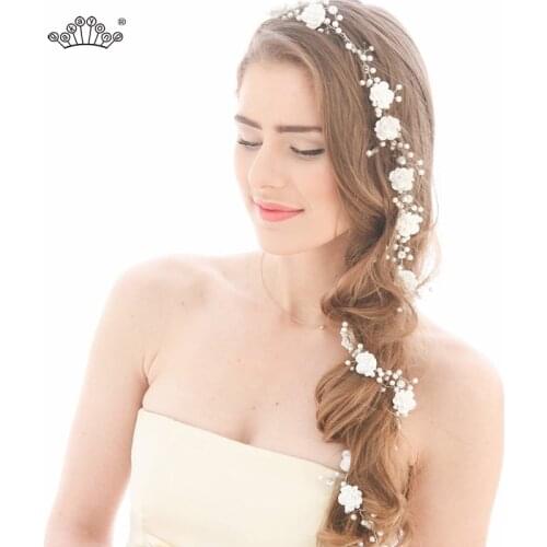 New Pearl Hairband Bridal Jewelry Soft Ceramic Flower Tiaras Wedding Hair Accessories Concise Temperament Long Strip Headdress
