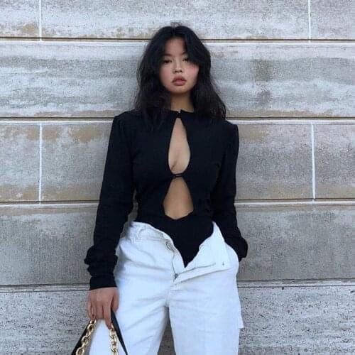 Long Sleeve Womens Romper Hollow out Single Breasted Crewneck Slim Fit Casual Black Bodysuit Top Ladies Basic Overalls